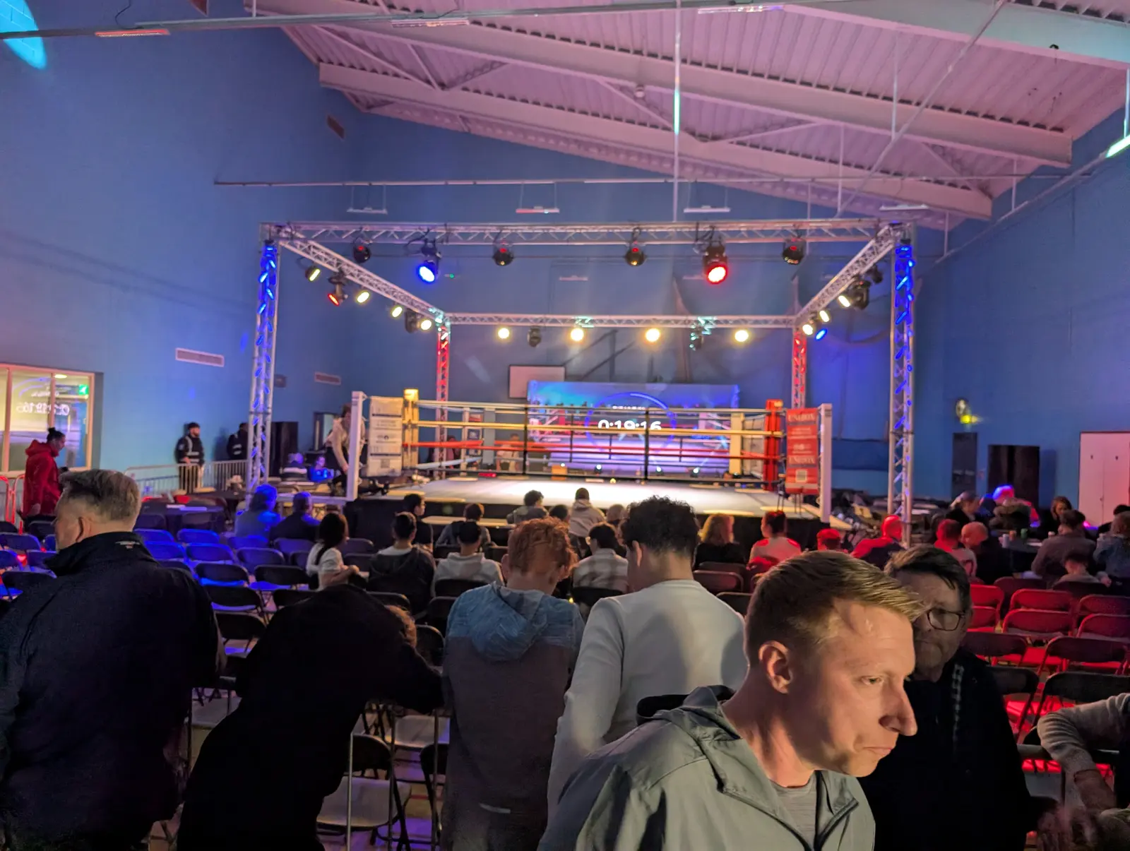 Fight night venue with the ring set up